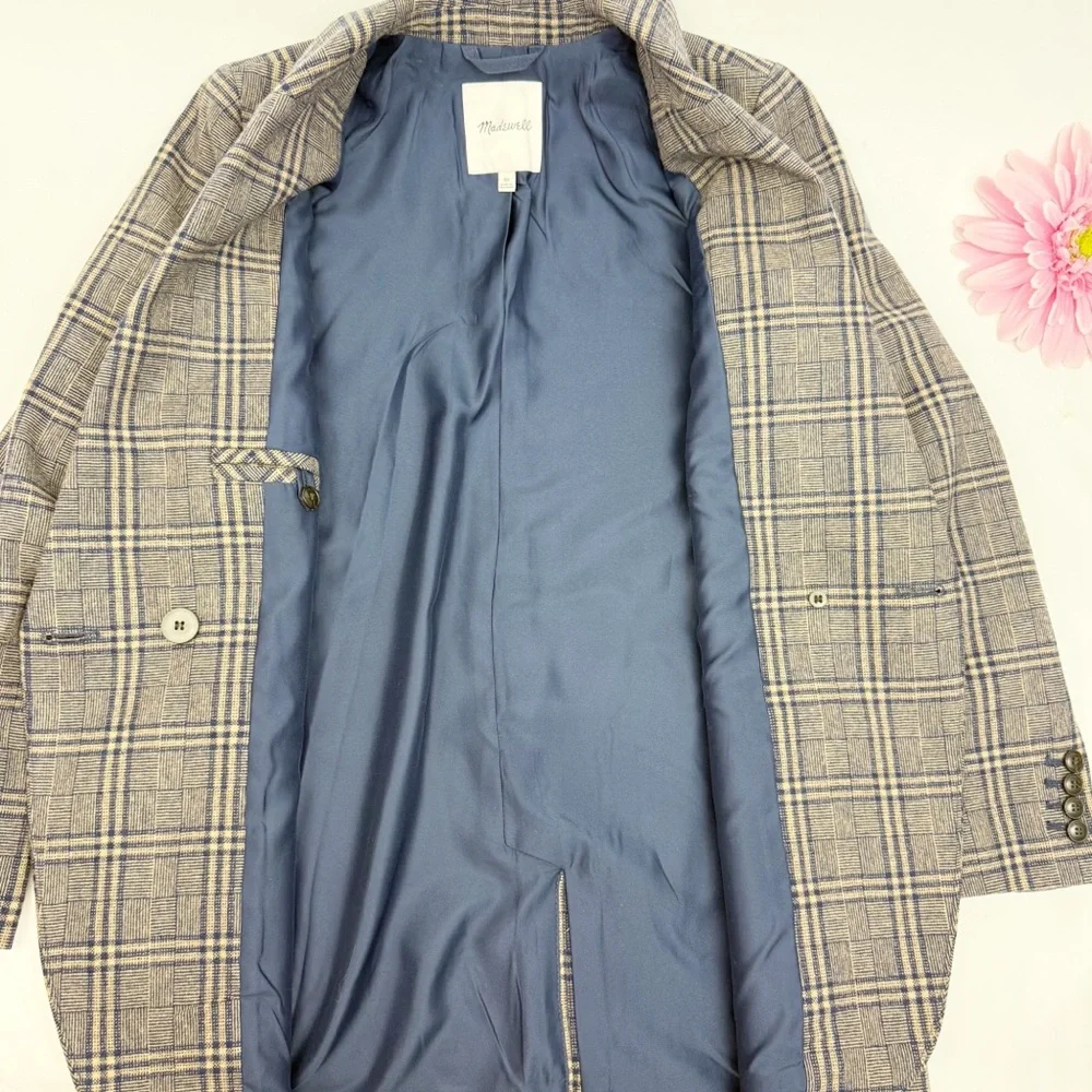 Madewell Larsen Blazer in Glen Plaid Indigo Blue Tan Academia Office Career Wool